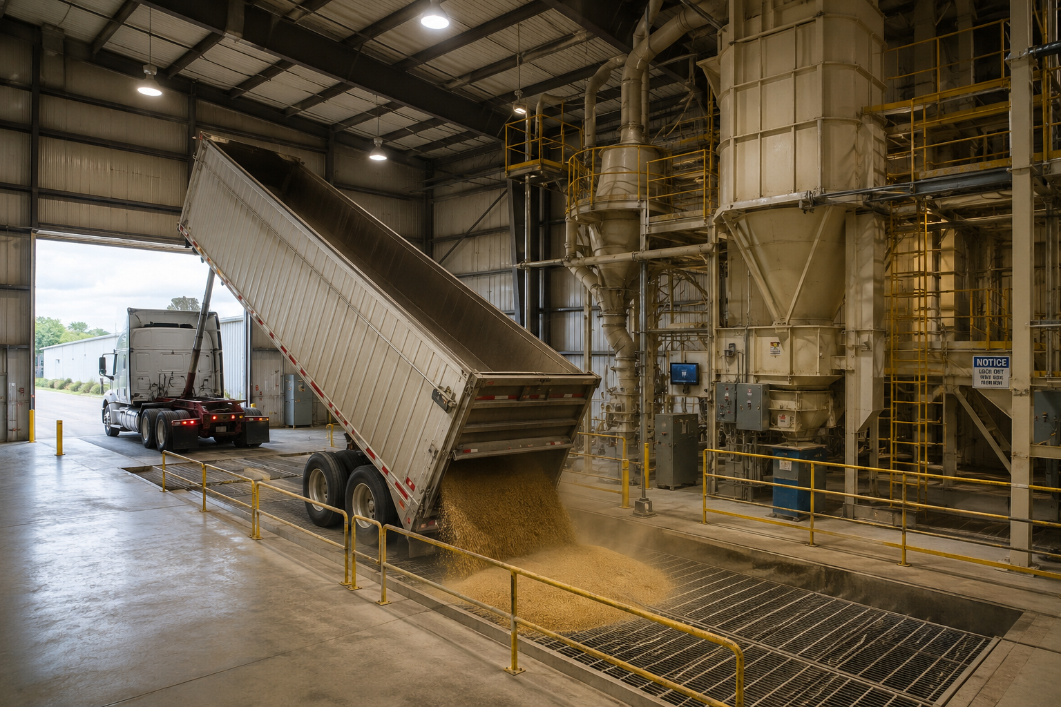 trailer unloading bulk material at a feed mill using the MT-FAST Hopper Trailer Vibrator