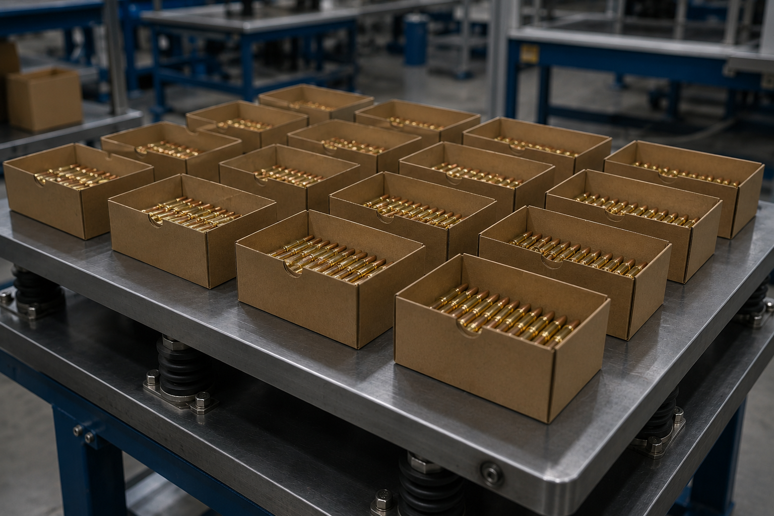 ammunition being settled in packaging with MARTIN compaction table